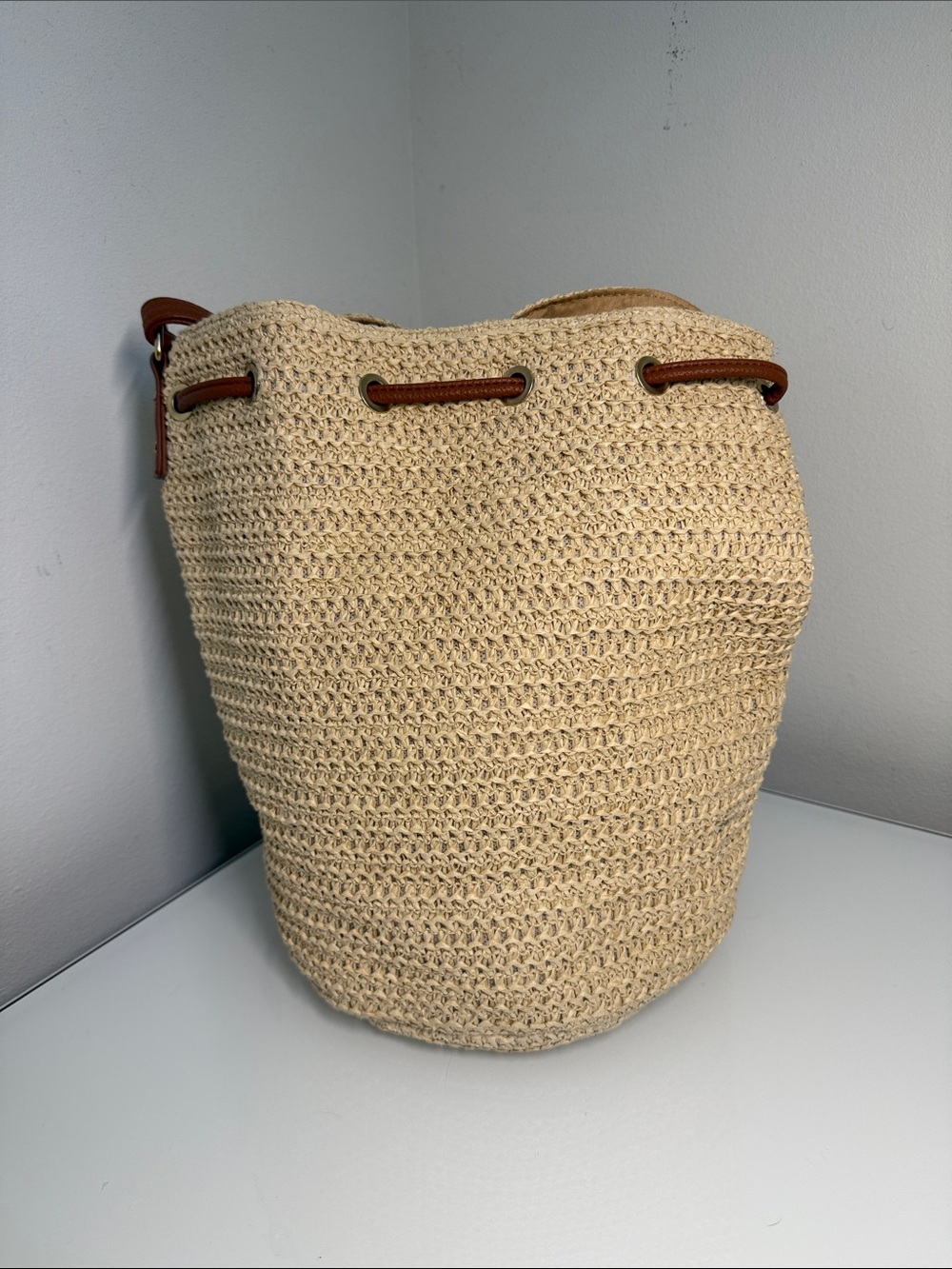 Montce Swim Ali Bucket Bag Cream Straw Brown Leather Boho Crossbody - Picture 8 of 10